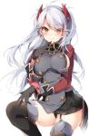  1girl :q absurdres azur_lane bangs black_gloves black_legwear black_panties blush breasts closed_mouth commentary_request dress eyebrows_visible_through_hair garter_straps gloves hand_on_own_chest hand_up highres iron_cross kisaragi_kiriha knee_up large_breasts long_hair looking_at_viewer military military_uniform orange_eyes panties prinz_eugen_(azur_lane) short_dress side_slit sideboob silver_hair simple_background smile solo swept_bangs thigh-highs tongue tongue_out tsurime two_side_up underwear uniform white_background 