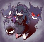  1girl :d @_@ ahoge bangs black_dress black_eyes black_hair cloth dress fangs floating full_body gradient gradient_background grin hair_between_eyes hairband hex_maniac_(pokemon) holding holding_poke_ball long_hair long_sleeves naga_u open_mouth poke_ball pokemon pokemon_(game) pokemon_xy purple_hairband red_sclera shaded_face shadow smile standing teeth 