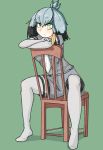  1girl bird_wings black_hair blonde_hair bodystocking chair crossed_arms eyebrows_visible_through_hair green_eyes grey_hair head_wings kemono_friends multicolored_hair necktie no_shoes shirt shoebill_(kemono_friends) short_hair shorts shumazarashi sitting sitting_backwards solo t-shirt teal_background uniform wings 