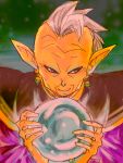  1boy black_eyes character_request crystal_ball dragon_ball dragon_ball_super earrings egyptian_clothes green_background happy jewelry long_sleeves looking_away male_focus mohawk pointy_ears simple_background smile white_hair 