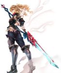  1girl blonde_hair blue_eyes drill_hair fantasy_earth_zero from_behind full_body glaive greaves hand_on_hip highres holding holding_weapon lips looking_at_viewer looking_back parted_lips ryouku short_hair solo standing teeth twin_drills weapon wrist_guards 