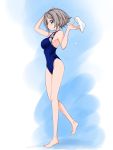  1girl absurdres barefoot blue_background blue_eyes blue_swimsuit competition_swimsuit full_body grey_hair highres kurogane_yamato looking_at_viewer love_live! love_live!_sunshine!! one-piece_swimsuit profile short_hair solo swim_cap_removed swimsuit watanabe_you 