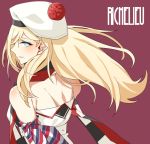  1girl asakawa_(outeq) beret blonde_hair blue_eyes blush commentary_request dress hat kantai_collection long_hair looking_at_viewer looking_back mole mole_under_eye mole_under_mouth parted_lips pom_pom_(clothes) richelieu_(kantai_collection) simple_background solo strapless upper_body 