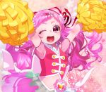  1girl ;d absurdres armpits arms_up cure_yell double_bun hair_ornament hair_ribbon heart heart_hair_ornament highres hugtto!_precure layered_skirt long_hair looking_at_viewer magical_girl nono_hana one_eye_closed open_mouth pink pink_background pink_eyes pink_hair pink_shirt pink_skirt pom_poms precure red_ribbon ribbon shirt skirt sleeveless sleeveless_shirt smile solo upper_body yupiteru 