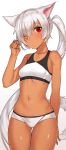  1girl animal_ears bare_arms bare_shoulders blush breasts cat_ears cat_tail cowboy_shot dark_skin ear_wiggle eyebrows_visible_through_hair gluteal_fold hair_over_one_eye hand_up long_hair looking_at_viewer mathew_(srmmk_mce) motion_lines navel one_eye_closed original pouty_lips red_eyes revision shiny shiny_hair shiny_skin silver_hair simple_background small_breasts solo sports_bra standing stomach tail thigh_gap thighs very_long_hair white_background 