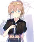  1girl belt black_shirt blue_eyes brown_hair check_commentary commentary_request hand_on_own_chest intrepid_(kantai_collection) kagura_miyabi kantai_collection looking_at_viewer open_mouth ponytail shirt short_hair solo upper_body 