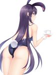  1girl animal_ears ass bare_shoulders bunny_tail bunnysuit cowboy_shot cup date_a_live detached_collar feng_mouren from_behind highres holding holding_cup leaning_forward long_hair looking_at_viewer looking_back purple_hair rabbit_ears simple_background solo tail thighs very_long_hair violet_eyes white_background wrist_cuffs yatogami_tooka 