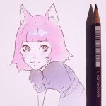  1girl :3 animal_ears blush_stickers cat_ears close-up closed_mouth face ilya_kuvshinov looking_at_viewer original pencil photo puffy_short_sleeves puffy_sleeves purple_hair short_hair short_sleeves simple_background solo violet_eyes 