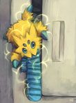  blue_eyes blue_footwear commentary electricity full_body joltik looking_at_viewer mouth_hold no_humans pokemon pokemon_(creature) pokemon_(game) pokemon_bw socks solo 