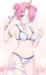  1girl bandage bandaged_arm bandaged_leg bikini blush breasts butterfly dated double_bun eyebrows_visible_through_hair fate/apocrypha fate/grand_order fate_(series) frankenstein&#039;s_monster_(fate) frankenstein&#039;s_monster_(swimsuit_saber)_(fate) hair_ornament hair_over_one_eye hairclip highres holding horn medium_breasts navel pink_hair ribbon sai_(saipoko) short_hair side_bun signature solo swimsuit thigh_ribbon 