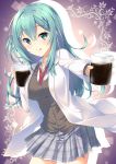  1girl :p absurdres beaker blue_eyes blue_hair blush breasts coffee highres labcoat large_breasts long_hair one_side_up plaid plaid_skirt riddle_joker shikibu_mayu skirt smile solo tongue tongue_out wakuta_chisaki yuzu-soft 