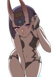  1girl :d artist_name bangs bare_arms bare_shoulders between_legs blush breasts eiri_(eirri) fangs fate/grand_order fate_(series) hair_ornament hand_between_legs horns leaning_forward looking_at_viewer medium_breasts navel oni oni_horns open_mouth purple_hair revealing_clothes short_hair shuten_douji_(fate/grand_order) signature simple_background smile solo violet_eyes white_background 