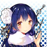  1girl bangs blue_hair commentary_request engawa_(rarenago) eyebrows_visible_through_hair floral_print flower fur_trim hair_between_eyes hair_flower hair_ornament highres japanese_clothes kimono long_hair looking_at_viewer love_live! love_live!_school_idol_festival love_live!_school_idol_project polka_dot polka_dot_background portrait smile solo sonoda_umi yellow_eyes 