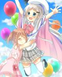  2girls absurdres arizuki_shiina arms_up blue_eyes brown_hair cape closed_eyes clouds dress fang floral_print hat highres hug jumping kud_wafter legs_up little_busters!! long_hair multiple_girls noumi_kudryavka open_mouth outdoors pink_dress plaid plaid_skirt shirt skirt sky smile sundress thigh-highs white_cape white_legwear white_shirt 