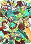  6+girls ;d ^_^ alternate_color arms_up chen chibi chocolate chocolate_bar chocolate_ice_cream chocolate_mint_ice_cream cirno closed_eyes clownpiece commentary daiyousei double_scoop eternity_larva fairy food full_body happy highres ice_cream ice_cream_cone ice_cream_sandwich lily_white looking_at_viewer luna_child mint moyazou_(kitaguni_moyashi_seizoujo) multiple_girls one_eye_closed open_mouth rumia smile star_sapphire sunny_milk touhou 