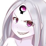  1girl :d abigail_williams_(fate/grand_order) aka_no_hotaru bangs black_bow bow closed_mouth collarbone evil_grin evil_smile eyebrows_visible_through_hair fate/grand_order fate_(series) forehead grin hair_bow long_hair looking_at_viewer open_mouth orange_bow pale_skin parted_bangs polka_dot polka_dot_bow sharp_teeth silver_hair simple_background smile solo teeth v-shaped_eyebrows violet_eyes white_background 