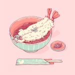  1girl bow bow_bra bra chisuke chopsticks food leaf liquid minigirl noodles original pink_background plant shadow short_hair shrimp shrimp_tempura simple_background solo tempura underwear 