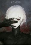  1boy background character_name closed_mouth commentary_request heterochromia highres kaneki_ken male_focus marumoru short_hair solo tokyo_ghoul upper_body white_hair 