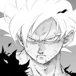  1boy black_shirt dirty dirty_face dragon_ball dragon_ball_super dragonball_z expressionless frown grey_background grey_eyes greyscale hair highres male_focus monochrome serious shaded_face shirt simple_background son_gokuu spiky_hair spoilers tkgsize white_hair 