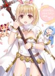  1girl :d animal animal_ears bangs blonde_hair blue_hair blush brown_eyes character_doll commentary_request copyright_name djeeta_(granblue_fantasy) dragon eyebrows_visible_through_hair fake_animal_ears granblue_fantasy hair_between_eyes hairband holding holding_weapon jacket leotard long_hair lyria_(granblue_fantasy) open_mouth rabbit_ears revision short_sleeves smile solo strapless strapless_leotard thigh-highs translation_request tsukino_neru vee_(granblue_fantasy) weapon white_hairband white_jacket white_leotard wrist_cuffs 