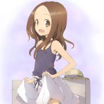  1girl :d bangs bare_arms bare_shoulders black_camisole brown_eyes brown_hair camisole commentary_request forehead hat hat_removed headwear_removed highres karakai_jouzu_no_takagi-san long_hair looking_at_viewer open_mouth parted_bangs skirt skirt_hold smile solo sun_hat takagi-san takunama white_skirt 