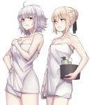  2girls ahoge artoria_pendragon_(all) bangs bare_shoulders black_ribbon blonde_hair braid breasts cleavage clenched_teeth collarbone eye_contact eyebrows_visible_through_hair fate/apocrypha fate/grand_order fate/stay_night fate_(series) fingernails hair_between_eyes hair_bun hair_ribbon hand_on_hip holding jeanne_d&#039;arc_(alter)_(fate) jeanne_d&#039;arc_(fate)_(all) large_breasts looking_at_another looking_to_the_side medium_breasts michihasu multiple_girls naked_towel parted_lips ribbon saber_alter shampoo_bottle short_hair sidelocks silver_hair simple_background standing towel white_background yellow_eyes 