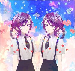  amethyst_(houseki_no_kuni) androgynous braid flower gem_uniform_(houseki_no_kuni) highres houseki_no_kuni looking_at_viewer necktie petals purple_hair siblings suspenders twins violet_eyes 