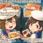  2girls ^_^ ^o^ blue_sailor_collar brown_eyes brown_hair closed_eyes colored_pencil_(medium) commentary_request daitou_(kantai_collection) dated food hat hiburi_(kantai_collection) holding holding_spoon kantai_collection kirisawa_juuzou multiple_girls numbered open_mouth sailor_collar short_hair smile traditional_media translation_request twitter_username white_hat 