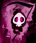  candle duskull fire ghost glitchedpuppet holding holding_scythe looking_at_viewer no_humans pokemon pokemon_(creature) pokemon_(game) pokemon_rse purple purple_background scythe signature skull solo 
