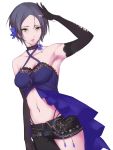  1girl armpits asymmetrical_clothes bangs black_gloves breasts cowboy_shot criss-cross_halter dutch_angle earrings elbow_gloves flower gloves hair_flower hair_ornament halterneck hand_up hattori13 hayami_kanade idolmaster idolmaster_cinderella_girls jewelry looking_at_viewer midriff open_mouth parted_bangs partly_fingerless_gloves purple_hair short_hair sleeveless standing white_background yellow_eyes 