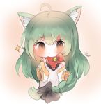  1girl :&lt; ahoge akashi_(azur_lane) animal_ears azur_lane bangs bell black_bow blush bow braid brown_eyes cat_ears closed_mouth cottontailtokki dress eyebrows_visible_through_hair green_hair hair_between_eyes hair_bow jingle_bell long_hair long_sleeves looking_at_viewer red_bow sailor_dress signature solo sparkle v-shaped_eyebrows very_long_hair white_dress wide_sleeves 