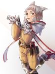  1girl animal_ears bangs blunt_bangs bodysuit cat_ears eyebrows gloves hood looking_at_viewer niyah short_hair silver_hair simple_background smile solo white_gloves xenoblade xenoblade_2 yellow_bodysuit yellow_eyes 