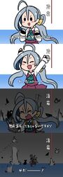  4koma black_gloves bow bowtie comic commentary_request explosion gloves grey_hair hair_between_eyes halterneck kantai_collection kiyoshimo_(kantai_collection) low_twintails machinery school_uniform shirt solid_oval_eyes terrajin translation_request twintails upper_body white_shirt 