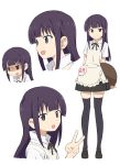  1girl :d absurdres apron bangs black_legwear blunt_bangs collared_shirt highres long_hair looking_at_viewer multiple_views open_mouth purple_hair shirt simple_background smile thigh-highs v villdona violet_eyes wagnaria_uniform white_background working!! yamada_aoi zettai_ryouiki 