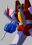  1boy 80s absurdres arm_cannon cannon dai_den_jin decepticon grey_background highres no_humans oldschool red_eyes simple_background solo starscream transformers weapon 