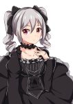  1girl bangs black_dress black_ribbon breasts closed_mouth collarbone dress drill_hair grey_hair hair_ribbon hand_on_own_chest highres idolmaster idolmaster_cinderella_girls juliet_sleeves kanzaki_ranko lolita_fashion long_hair long_sleeves medium_breasts nemo_1988 puffy_sleeves red_eyes ribbon ribbon-trimmed_dress ribbon-trimmed_sleeves ribbon_trim simple_background smile solo twin_drills twintails white_background 