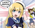  3girls admiral_paru blonde_hair blue_eyes blue_sailor_collar character_name crossover dress emphasis_lines female_admiral_(kantai_collection) gloves hat jervis_(kantai_collection) kantai_collection long_hair looking_at_viewer multiple_girls sailor_collar sailor_dress seiyuu_connection shima_rin short_sleeves solo_focus touyama_nao twitter_username union_jack upper_body white_gloves white_hat yurucamp 