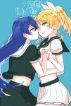  2girls artist_request ayase_eli bangs blonde_hair blue_eyes blue_hair commentary_request earrings hair_between_eyes hand_holding highres interlocked_fingers jewelry long_hair looking_at_another love_live! love_live!_school_idol_project multiple_girls navel open_mouth ponytail school_uniform scrunchie serafuku short_sleeves simple_background sonoda_umi yellow_eyes yuri 