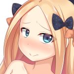  1girl abigail_williams_(fate/grand_order) aka_no_hotaru bangs black_bow blonde_hair blue_eyes bow closed_mouth collarbone commentary_request eyebrows_visible_through_hair fate/grand_order fate_(series) forehead hair_bow long_hair looking_at_viewer orange_bow parted_bangs polka_dot polka_dot_bow simple_background smile solo white_background 