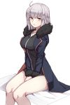  1girl ahoge bangs between_legs black_dress blue_coat blush breasts closed_mouth coat collarbone dress eyebrows_visible_through_hair fate/apocrypha fate/grand_order fate_(series) fur-trimmed_coat fur-trimmed_sleeves fur_trim hair_between_eyes hand_between_legs jeanne_d&#039;arc_(alter)_(fate) jeanne_d&#039;arc_(fate)_(all) jewelry looking_at_viewer looking_to_the_side medium_breasts michihasu open_clothes open_coat pendant short_dress silver_hair sitting solo white_background wicked_dragon_witch_ver._shinjuku_1999 yellow_eyes 