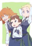  3girls :d arms_behind_back arms_up blonde_hair blue_eyes character_request closed_mouth collared_shirt commentary_request crossed_arms eyebrows_visible_through_hair green_background hair_ornament hand_on_another&#039;s_head highres little_witch_academia long_nose long_sleeves multiple_girls open_mouth orange_hair purple_skirt purple_vest sanpaku sash shirt short_hair simple_background skirt smile standing tama vest white_shirt wing_collar 