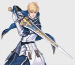  1boy aqua_eyes armor blonde_hair cape fate/strange_fake fate_(series) gauntlets holding holding_sword holding_weapon looking_at_viewer male_focus saber_(fate/prototype) smile solo sora_yoshitake_yuda sword weapon 