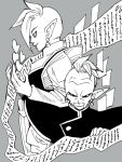  2boys black_eyes character_request dragon_ball dragon_ball_super egyptian_clothes grey_background happy heart long_sleeves looking_away looking_down male_focus mohawk monochrome multiple_boys paper pointy_ears simple_background smile zamasu 