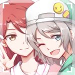  &gt;_&lt; 2girls :q ;d backwards_hat badge bangs brown_eyes button_badge closed_mouth eyebrows_visible_through_hair gemi_25 grey_hair hair_ornament hairclip hat highres long_hair looking_at_viewer love_live! love_live!_sunshine!! multiple_girls one_eye_closed open_mouth redhead sakurauchi_riko shiny shiny_hair short_hair smile smiley_face swept_bangs tongue tongue_out upper_body viewfinder watanabe_you white_hat 