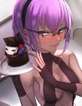  1girl announ_(kurotya) bare_shoulders black_hairband blush breasts cake center_opening fate/grand_order fate_(series) food glasses hairband hassan_of_serenity_(fate) holding medium_breasts purple_hair short_hair violet_eyes 