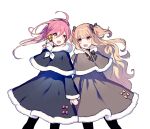  2girls :d ahoge behind-the-head_headphones black_bow black_capelet black_dress black_legwear black_neckwear blonde_hair blush bow bowtie bright_pupils brown_capelet brown_dress dress eyebrows_visible_through_hair fur-trimmed_capelet fur-trimmed_dress hair_between_eyes hair_bow hand_holding headset highres legs_apart long_hair looking_at_another mechuragi multiple_girls open_mouth pantyhose pink_eyes ponytail seeu smile standing star transparent_background two_side_up uni_(vocaloid) very_long_hair vocaloid yellow_eyes 