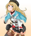  alternate_costume belt black_skirt blonde_hair blue_eyes closed_mouth cosplay gradient gradient_background highres jacket jervis_(kantai_collection) kantai_collection long_hair long_sleeves looking_at_viewer miniskirt panties papakha red_shirt scarf shirt simple_background skirt tama_(seiga46239239) tashkent_(kantai_collection) tashkent_(kantai_collection)_(cosplay) torn_scarf underwear white_panties white_scarf wind wind_lift 
