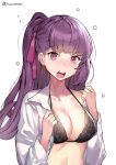  1girl bangs black_bra blunt_bangs blush bra breasts cleavage collarbone collared_shirt embarrassed eto_(nistavilo2) eyebrows_visible_through_hair girls_frontline hair_ribbon large_breasts long_hair long_sleeves looking_at_viewer nose_blush open_clothes open_shirt pink_eyes pink_ribbon ponytail purple_hair ribbon shirt simple_background solo teeth twitter_username underwear upper_body upper_teeth v-shaped_eyebrows wa2000_(girls_frontline) white_background white_shirt 