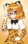  alternate_eyewear bow bowtie elbow_gloves eyebrows_visible_through_hair fur_collar glasses gloves hand_on_hip highres holding_eyewear jaguar_(kemono_friends) jaguar_ears jaguar_print kemono_friends multicolored_hair shimu_nira short_hair skirt translation_request 