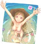  1girl arms_up bikini blonde_hair blush breasts cleavage collarbone from_above hat heart highres long_hair looking_at_viewer looking_up medium_breasts moe2018 original pandarou partially_submerged red_eyes smile solo spoken_heart standing straw_hat swimsuit twintails water wet 